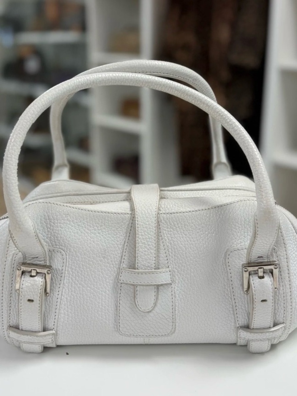 Loewe White Pebbled Leather Senda Satchel